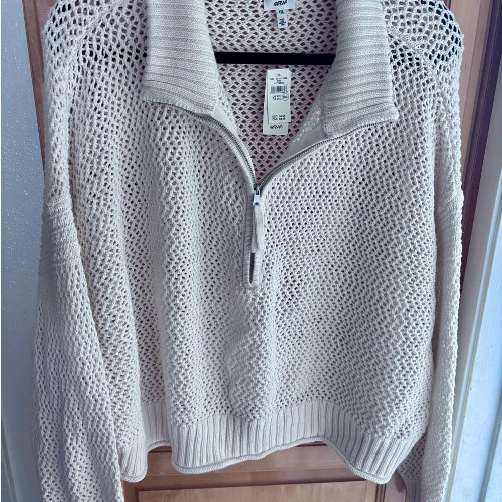 NWT Aerie Size XXL Cream Knit Cropped Cowl Sweater with Zipper